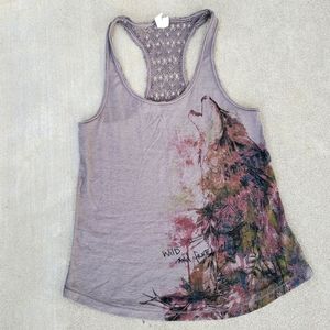 Free People Graphic Tank w/ Wolf Graphic 🐺  XS Like New Crochet Back